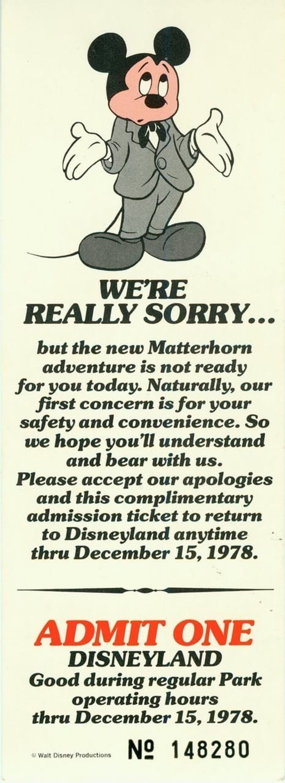 1978 matterhorn sorry ticket theme park downtime