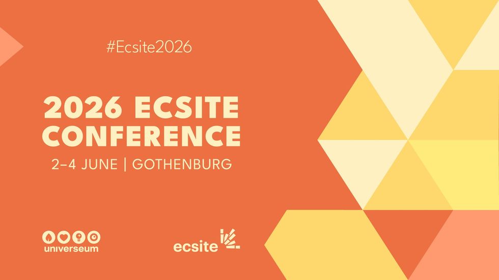 "2026 Ecsite Conference, June 2-4, Gothenburg, with orange geometric background."