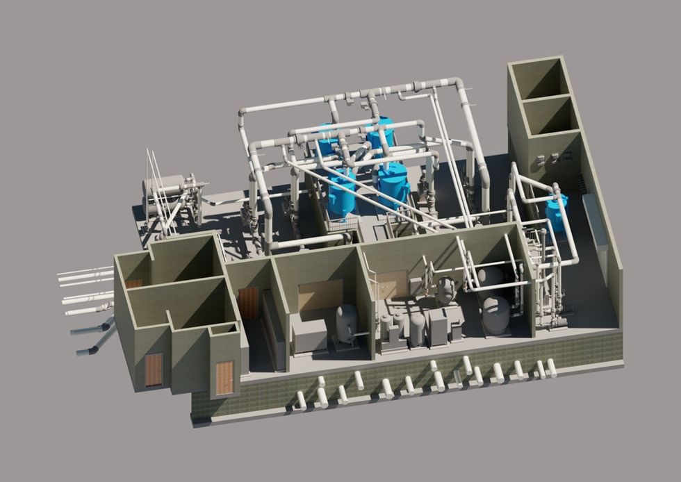 3D model of a ozone system facility with complex piping and blue tanks.