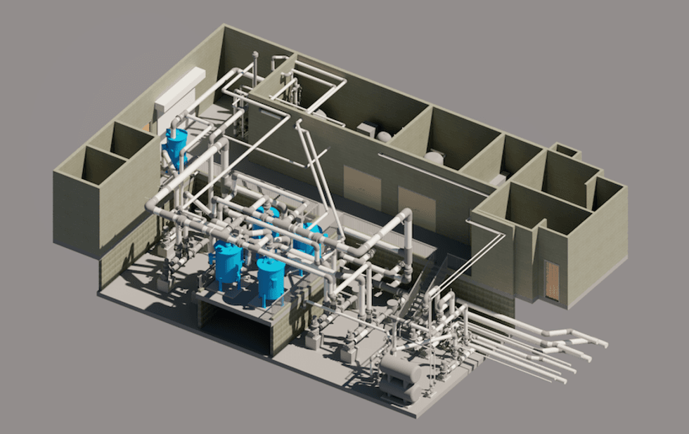 3D model of an industrial facility with tanks, pipes, and multiple rooms, in a gray structure.