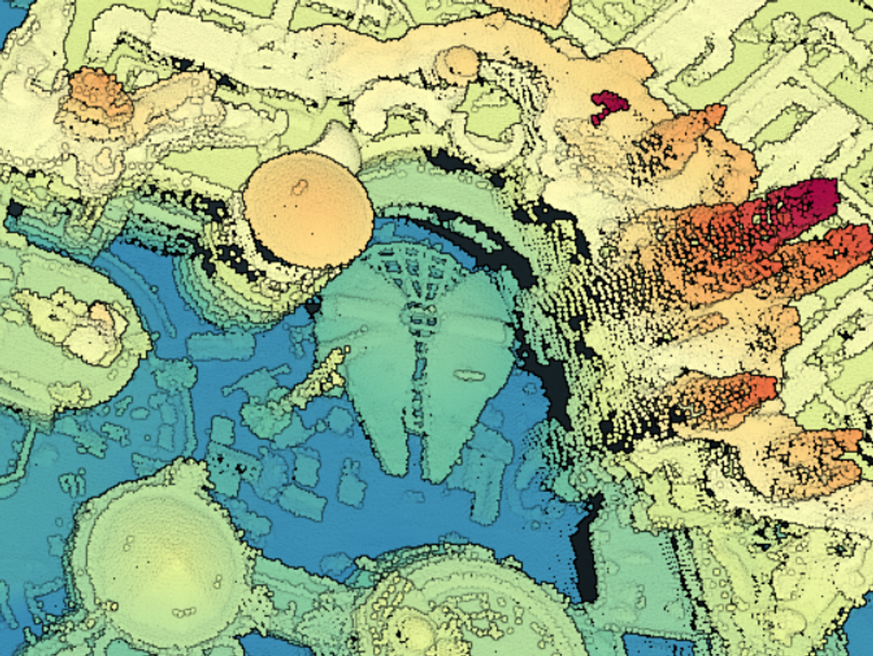 3D point cloud colored by elevation of the Millennium Falcon in Star Wars: Galaxy’s Edge
