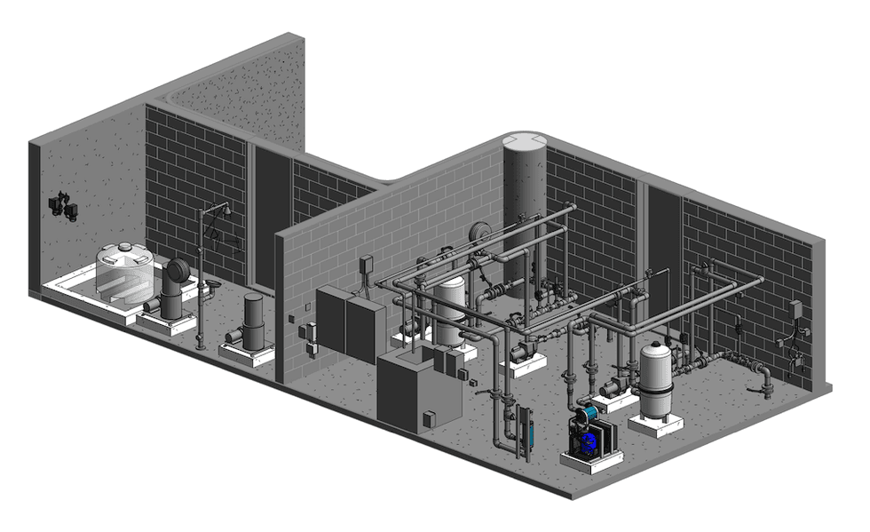 3D rendering of an industrial mechanical room layout with tanks and pipes.