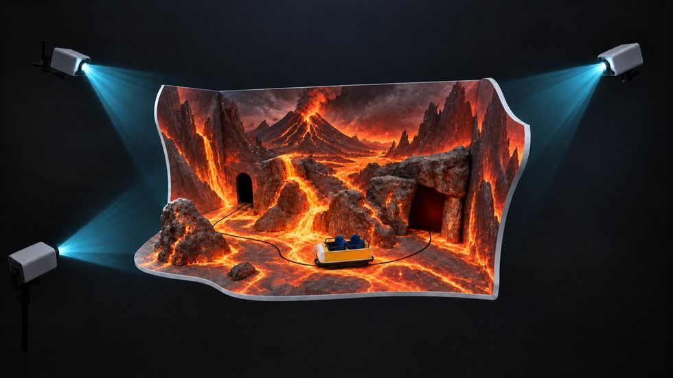 3D volcano ride projection with lava, rocks, and small cart.