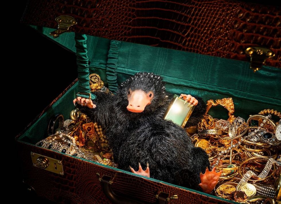 A black creature sits in an open chest filled with gold coins and jewels.