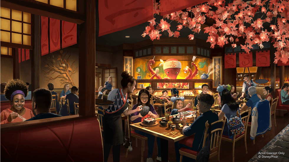 A bustling restaurant with diners and cherry blossoms overhead, featuring vibrant decor at Disney World