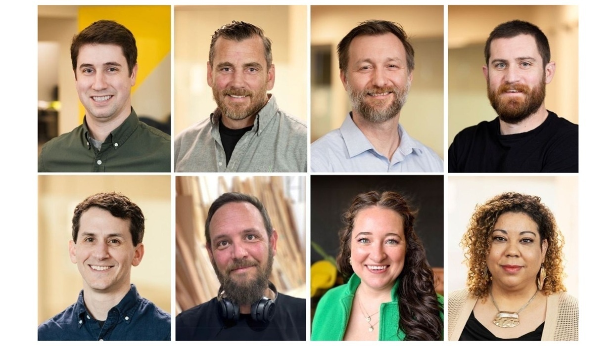 A collage of eight diverse people smiling in a professional setting.