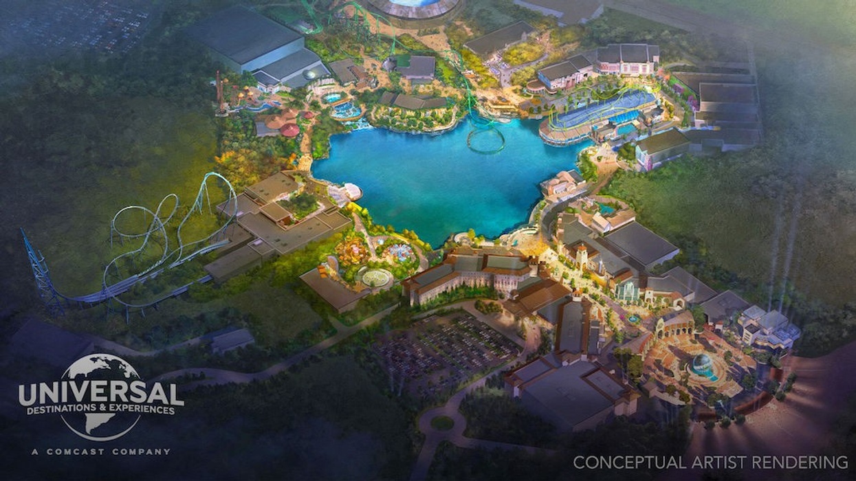 A colorful concept art rendering of the planned Universal United Kingdom theme park, showing sprawling lands, rides, and park attractions.