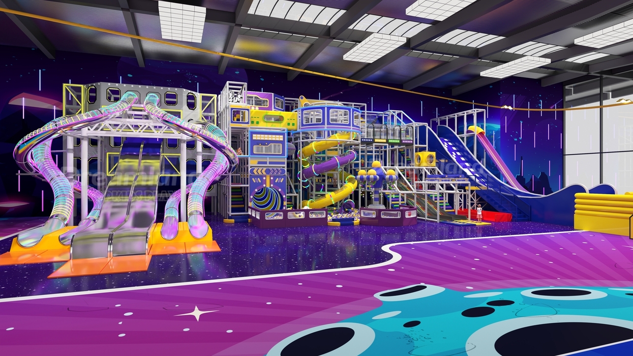 A colorful indoor playground with climbing structures, slides, and glowing space-themed decor.