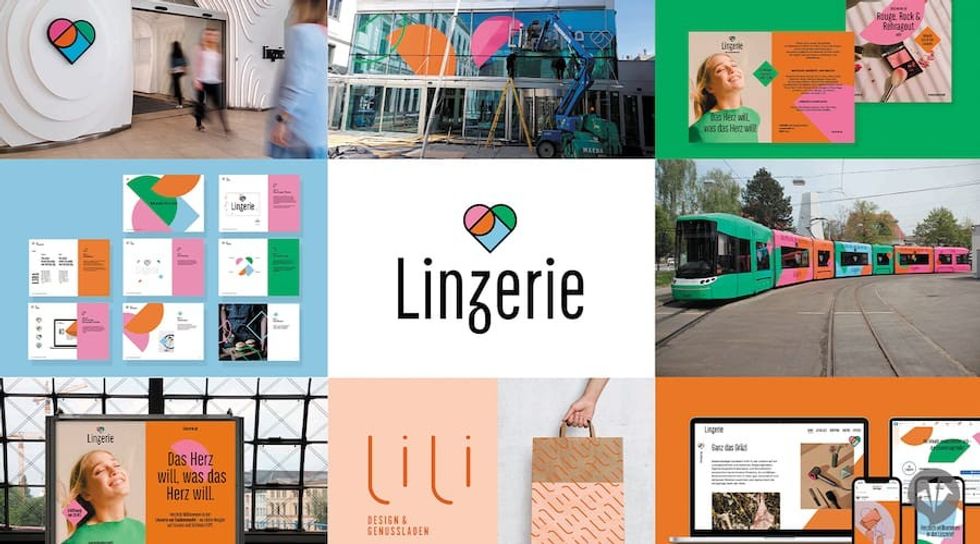 A colorful pink, orange and green photo collage of Linzerie brand implementations