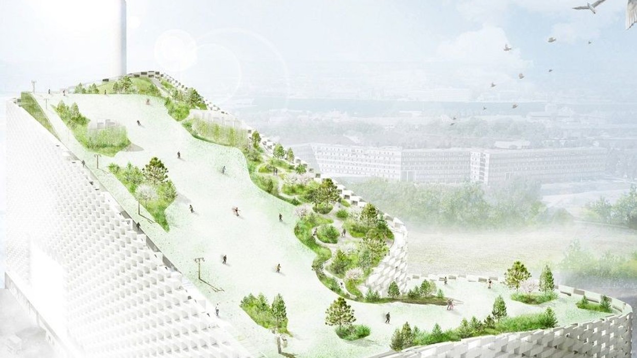 A design rendering of the park and ski slope currently being built on the roof of the Amager Bakke Waste-to-Energy Plant in Copenhagen, Denmark. Designs by SLA.