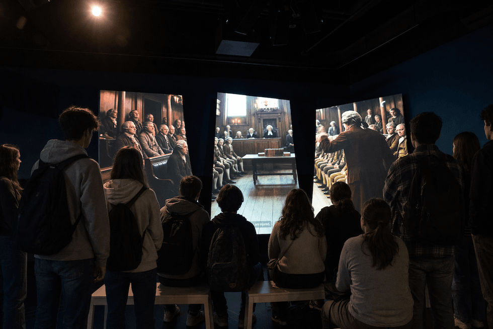A group of people watches a historical courtroom scene on large screens in a dark room.