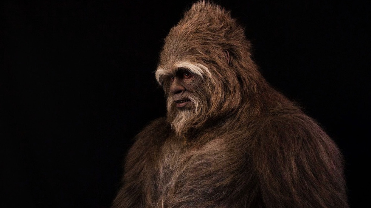 A large, furry creature with a gorilla-like appearance against a dark background.