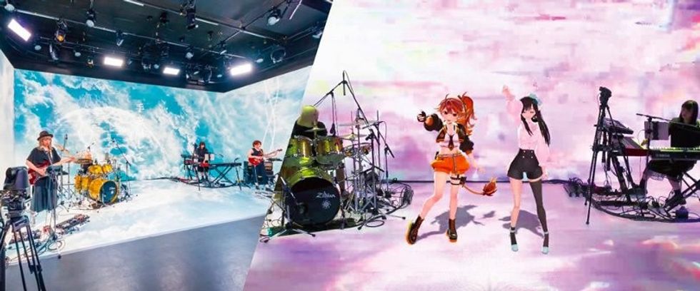 A live-streamed concert captured via remote cameras adds composited AR characters