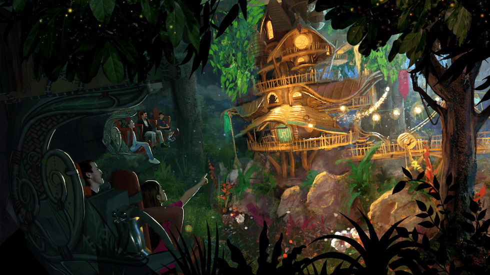 A magical ride through an enchanting, illuminated treehouse in a lush forest setting.