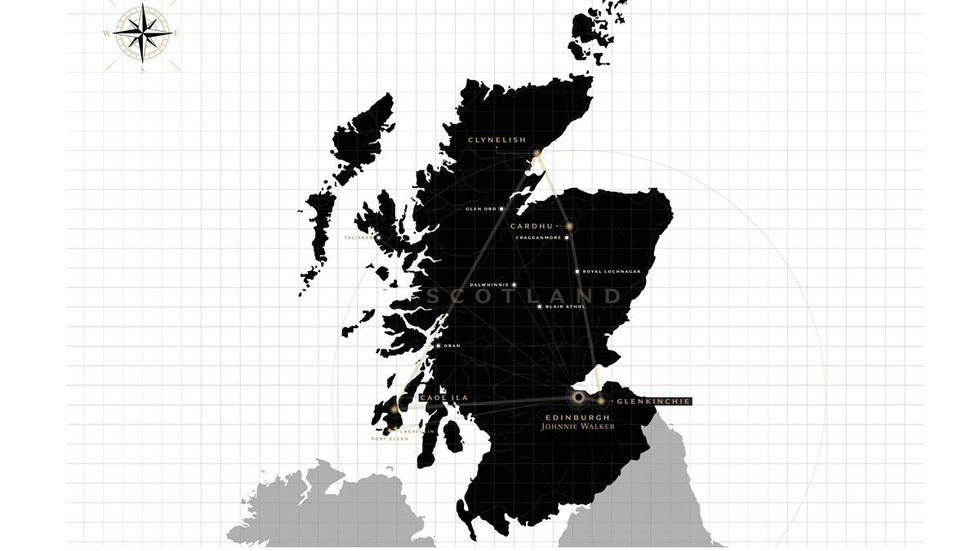 A map of Scotland showing the location of Diageo Scotch whiskey distilleries.