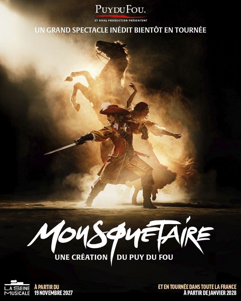 A musketeer in action with a rearing horse; "Mousquetaire" show poster.
