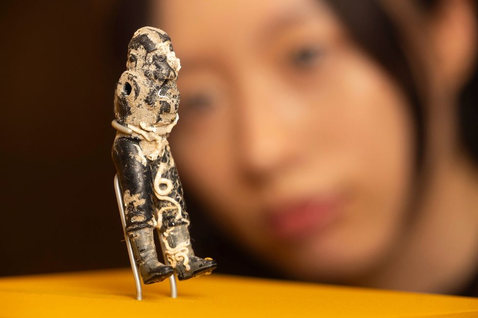 A person observing a small, ancient figurine on display at the Natural History Museum