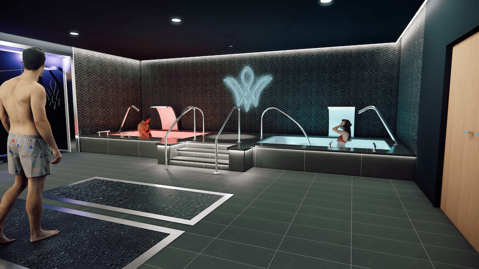 A spa room with two hot tubs, people relaxing and ambient lighting.