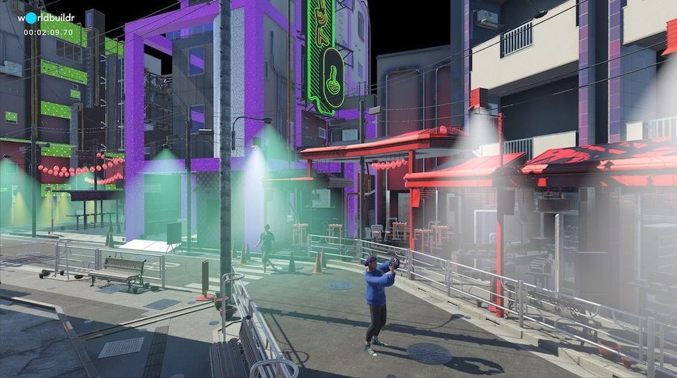 A Worldbuildr user in guest/player mode explores an architectural model on a smartphone, searching for AR collectible clues to test gameplay. 3D model courtesy of FrankNDesign.