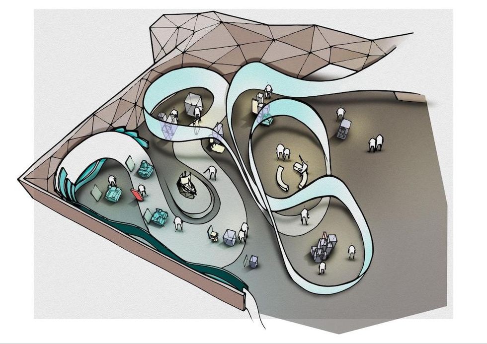 Abstract architectural model with winding paths and geometric structures.
