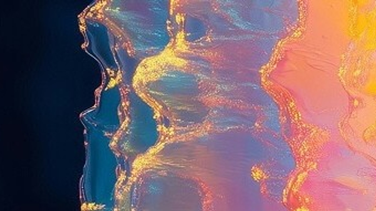 Abstract art with blue, purple, and yellow swirling patterns against a dark background.