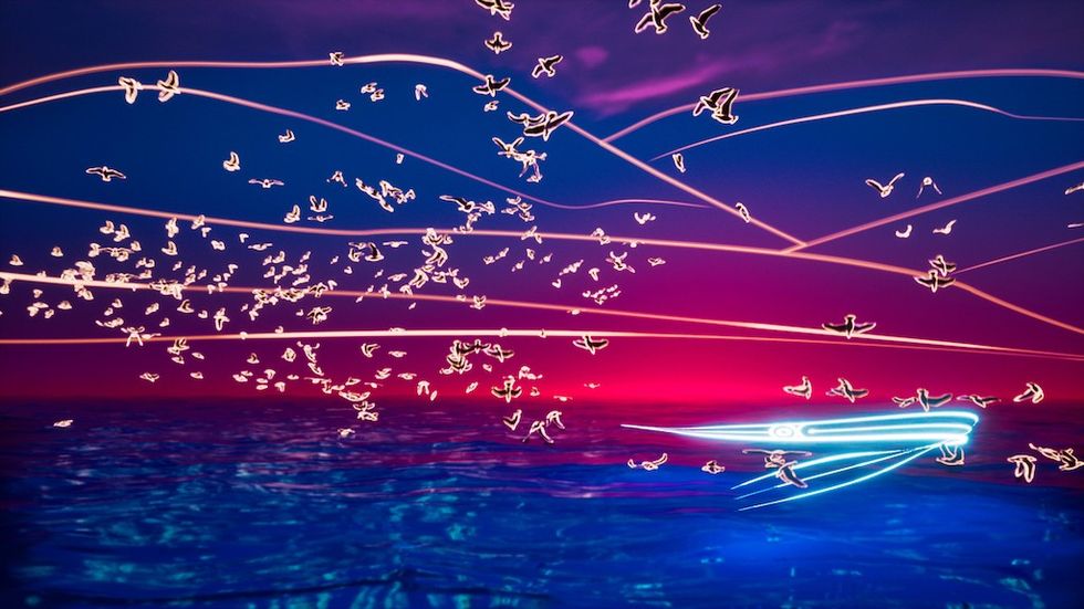 Abstract birds and lines over a vibrant ocean and sunset sky.