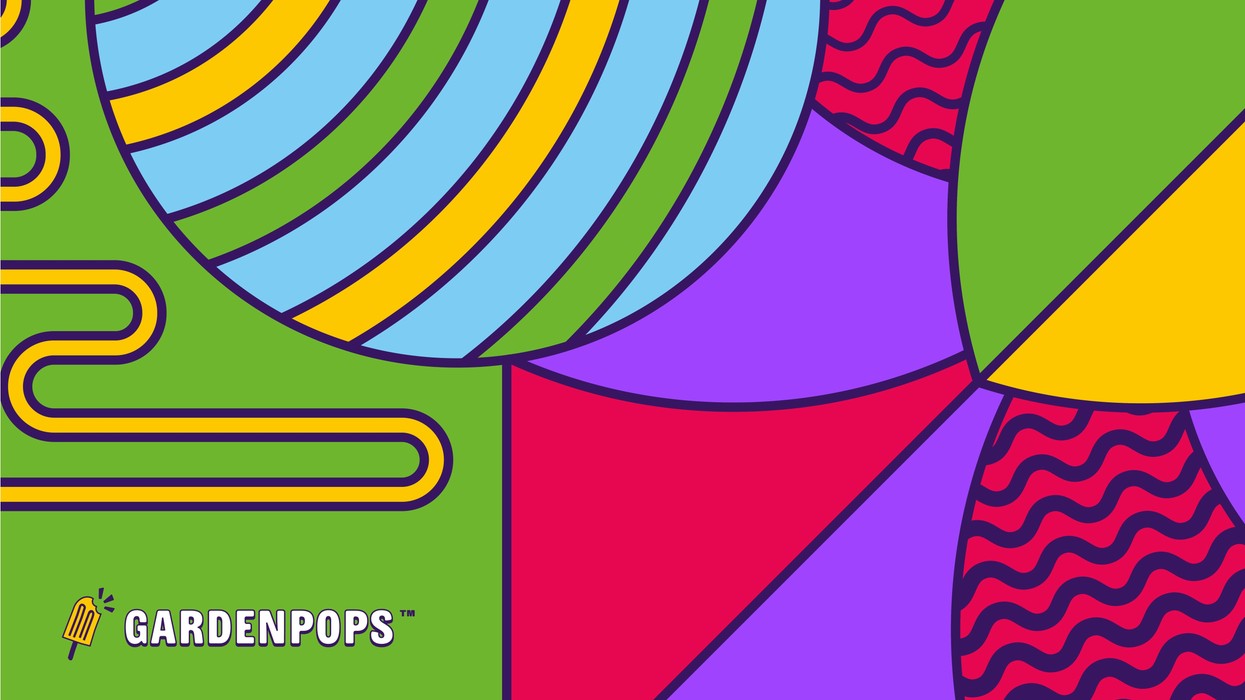 Abstract colorful geometric pattern with "GARDENPOPS" text and popsicle icon.
