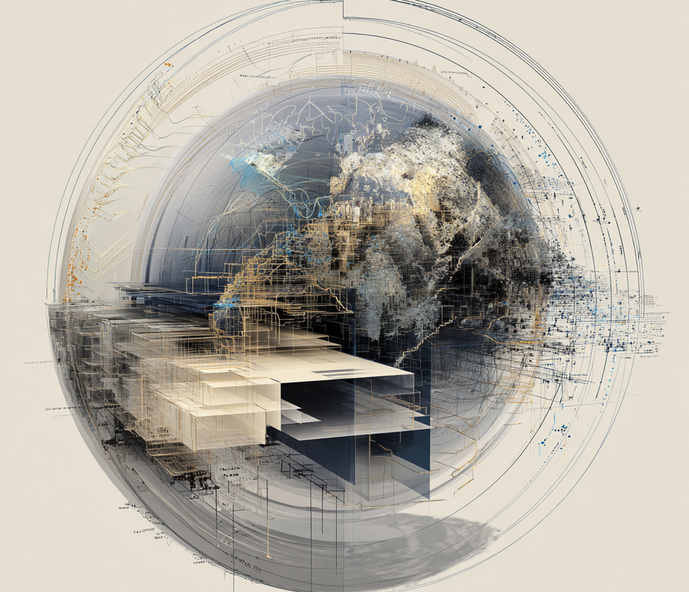 Abstract digital globe with geometric shapes and intricate, layered lines.