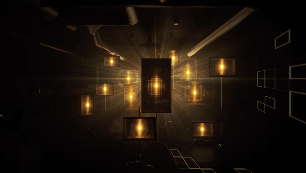 Abstract scene with glowing screens and light beams in a dark room.