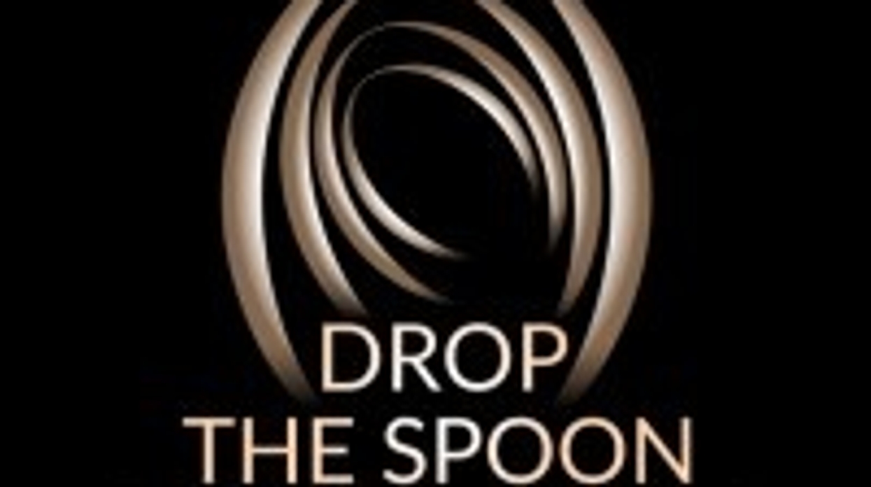 Abstract silver oval with "Drop the Spoon Visual Artists" text on black background.