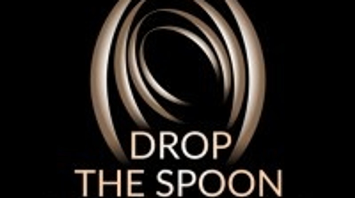 Abstract silver oval with "Drop the Spoon Visual Artists" text on black background.