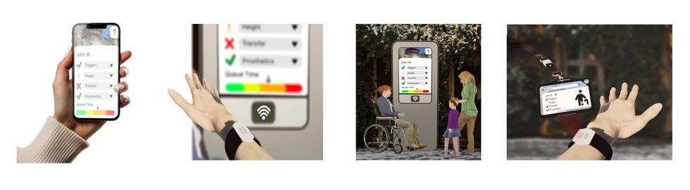 AccessPro Smartphone and wristband interaction with health or access app; outdoor setting with people.