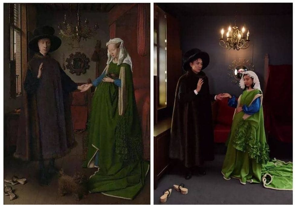 Actual painting and actors portraying The Arnolfini Portrait at The National Gallery pop up experience in Guangzhou