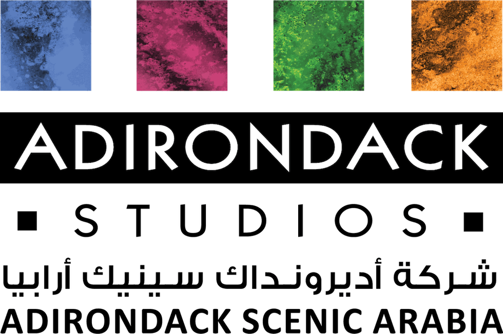 Adirondack Studios logo with colorful squares and Arabic text.