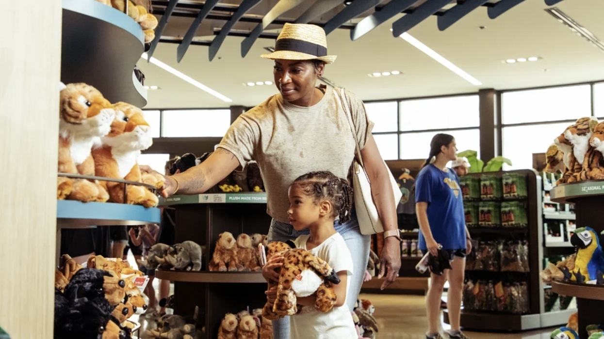 Adult and child shopping for plush toys in a store.