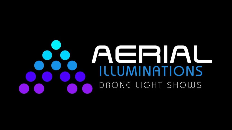 Aerial Illuminations logo with colorful dotted triangle design on black background.