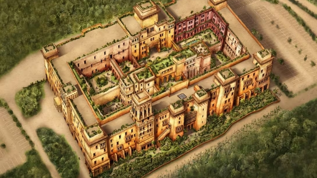 Aerial illustration of a sprawling historic hotel at Parc Asterix with courtyards and gardens.