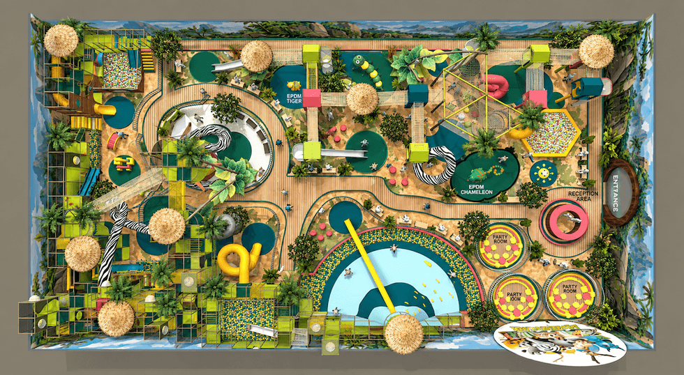 Aerial view of a colorful, jungle-themed indoor playground with various play areas.