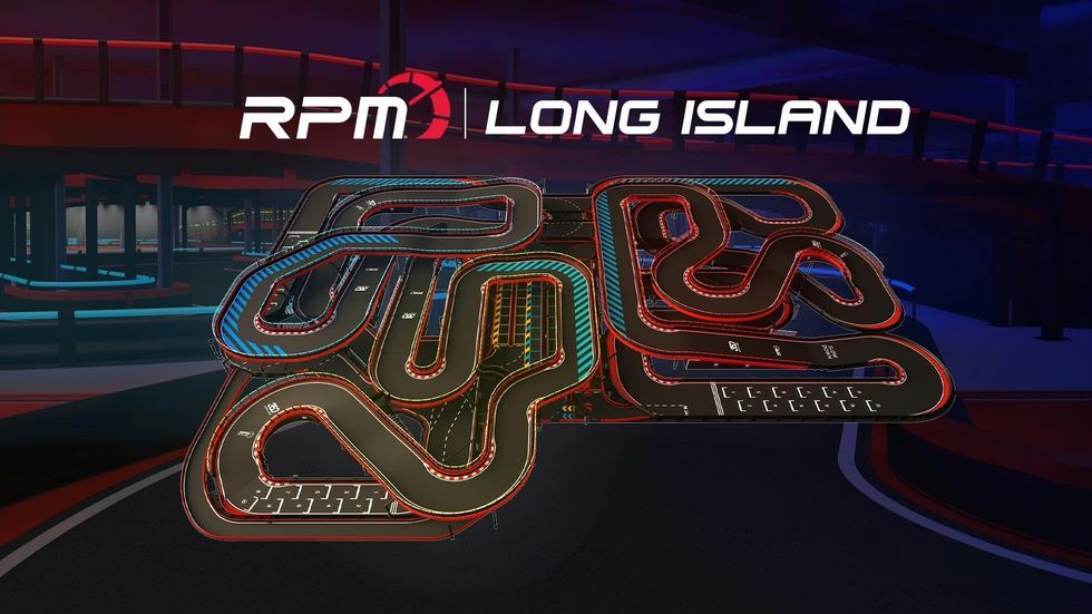 Aerial view of a detailed go-kart track marked "RPM Long Island."