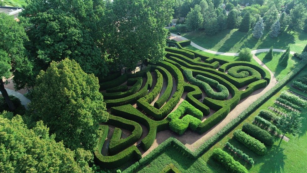 Aerial view of a lush green garden maze surrounded by trees and pathways.