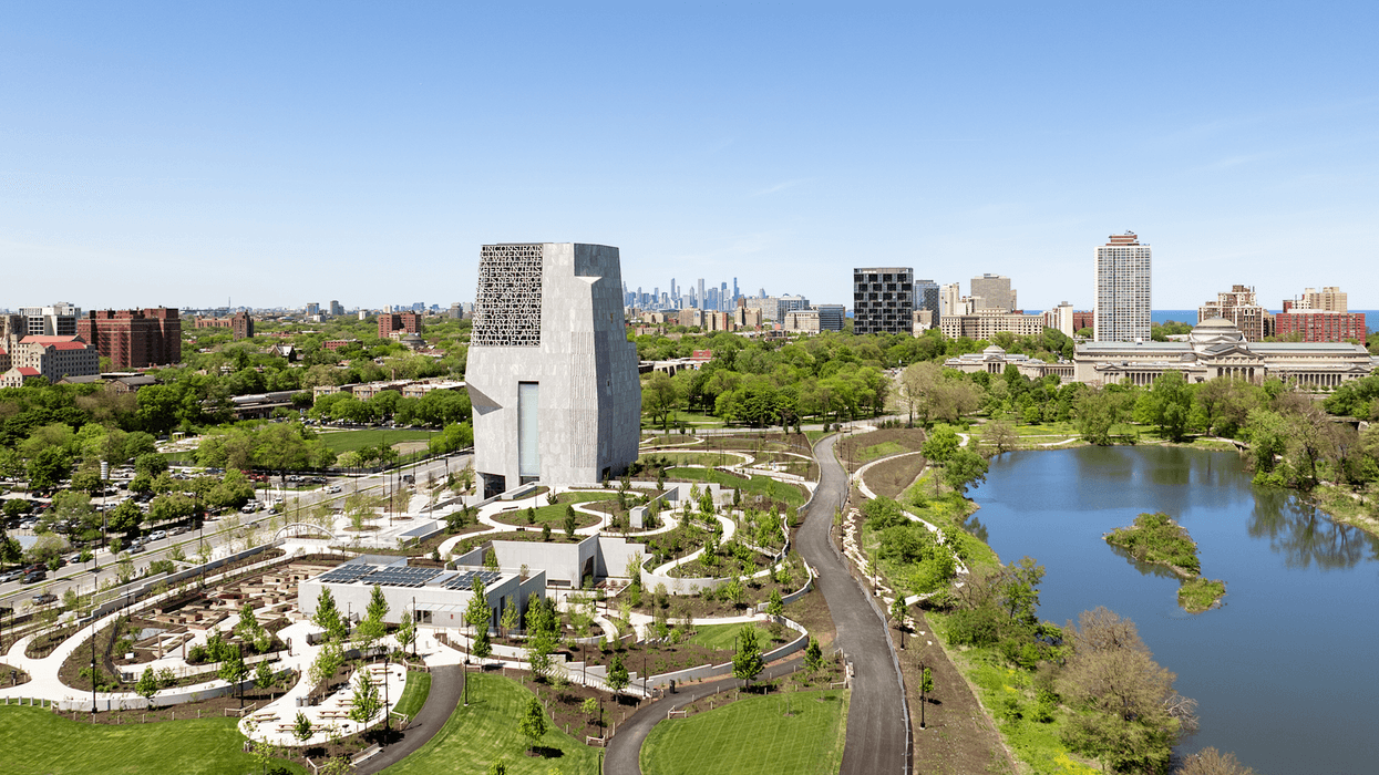 Aerial view of a the Obama Presidential Center with modern architecture and a pond, surrounded by greenery.