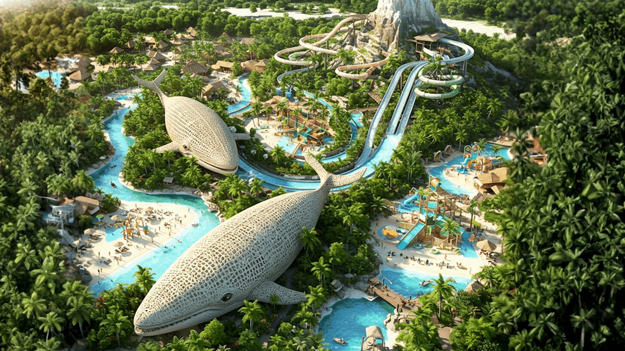 Aerial view of a tropical water park with large whale structures and winding slides.