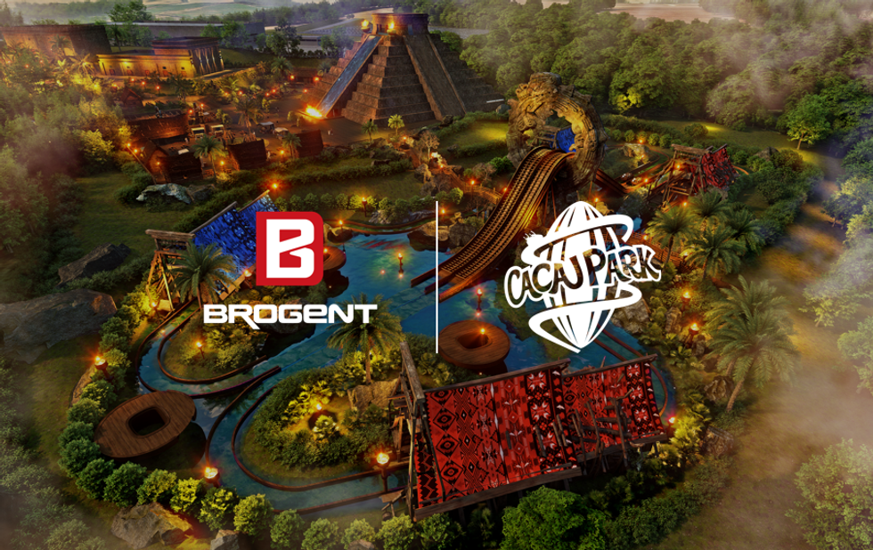 Aerial view of a vibrant theme park with logos for Brogent and Cacao Park.