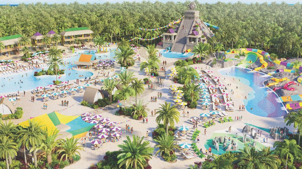 Aerial view of a vibrant water park with pools, slides, and palm trees.