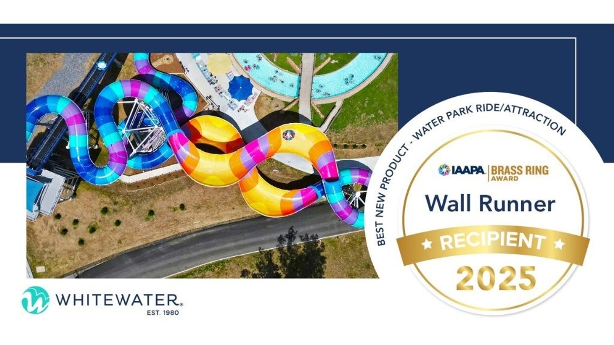 Aerial view of colorful water slide. IAAPA 2025 Best New Product award for Wall Runner.