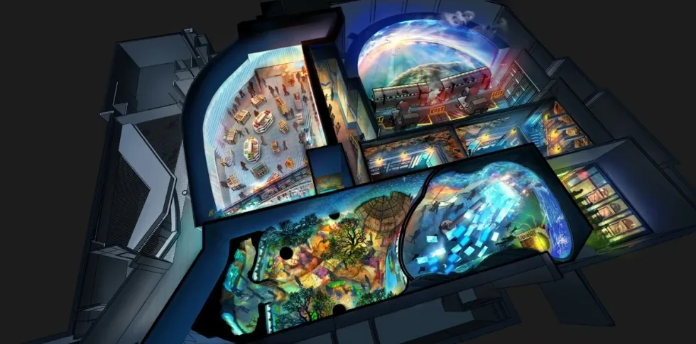 Aerial view of interior with immersive themed rooms, vibrant colors, and diverse environments.