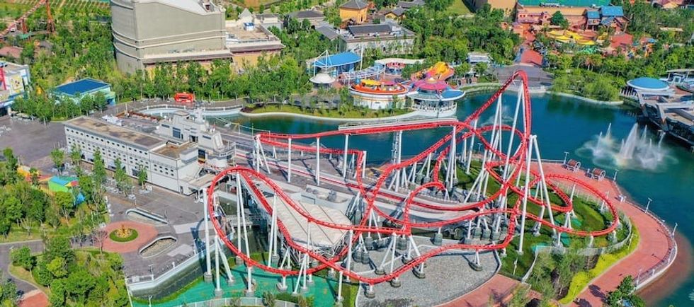 Aerial view of length of Vekoma Top Gun roller coaster