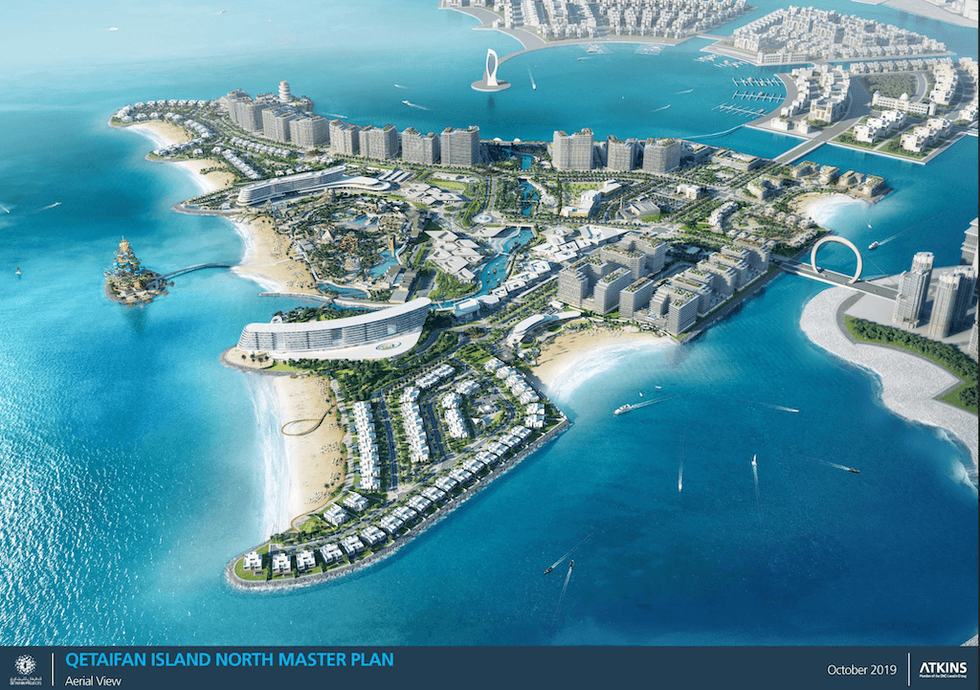 Aerial view of Qetaifan Island North master plan, featuring beaches and modern buildings.