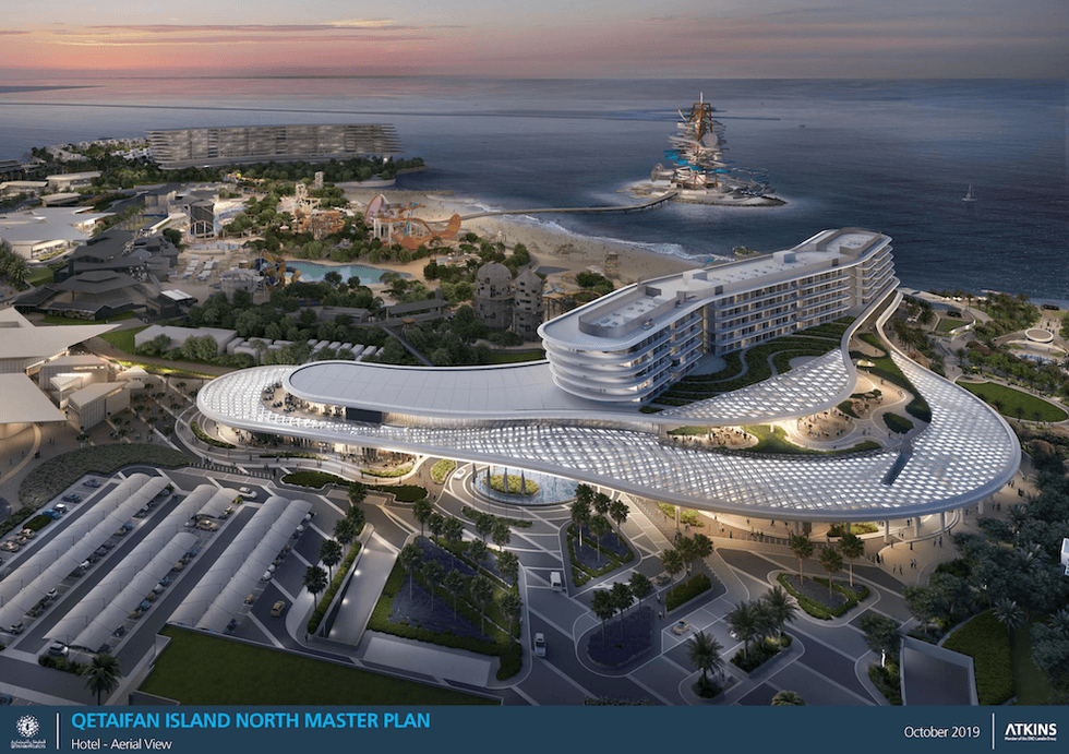 Aerial view of Qetaifan Island North Master Plan with modern architecture and coastline.