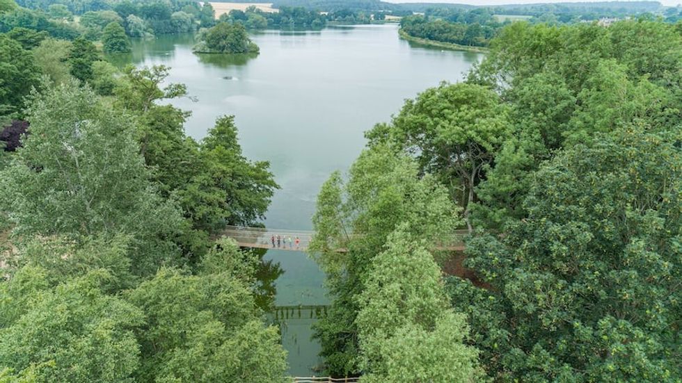 Aerial view of rope bridge at Skelf Island